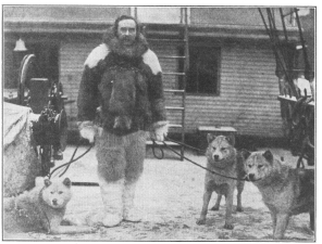Peary in Arctic dress with his Eskimo dogs

©1909, Doubleday, Page & Co.