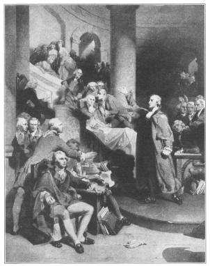 Patrick Henry delivering his celebrated speech, May,
1765.