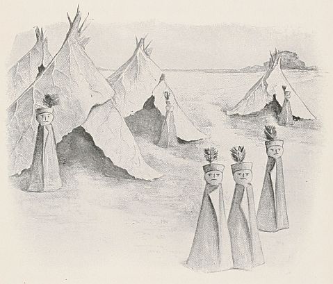 Indian fillage with wigwams and clothes-peg people wrapped in leaves