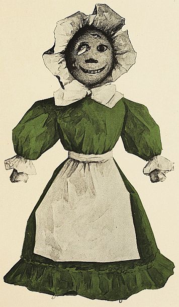 Potato dressed in a green dress wiht an apron and hat