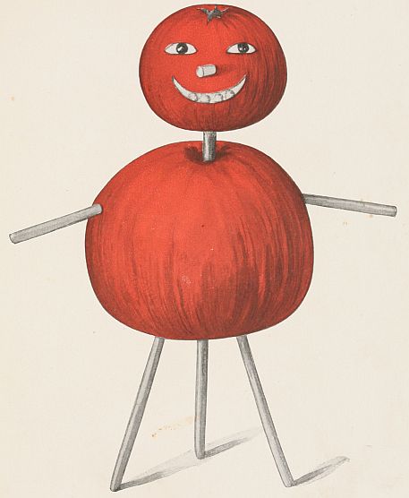 apple body, three toothpick legs, toothpick arms a toothpick neck and what looks likea  tomato head
