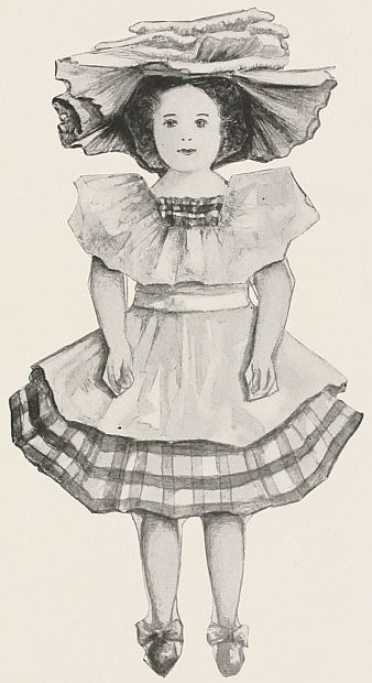 Paper doll in gingham dress, white pinafore and wide ruffled sun hat