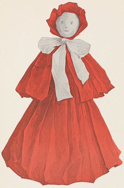 lady in full red dress and bonnet