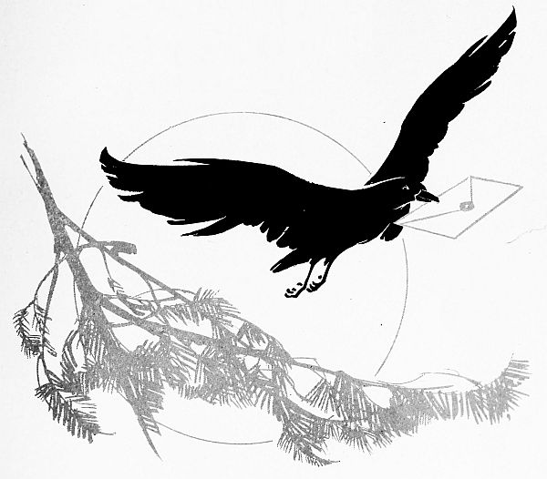Crow flying with letter in his beak full moon and pine branch behind him