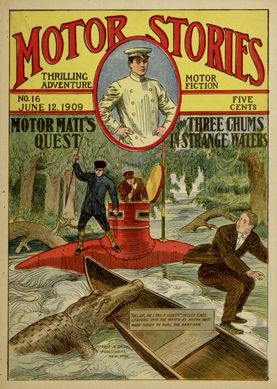 "HELUP, OR I VAS A GONER!" YELLED CARL,
LEAPING INTO THE WATER AS MOTOR MATT
MADE READY TO HURL THE HARPOON.