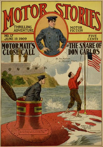 "Up with the colors, Dick!" shouted Motor Matt.
"Let's see if they dare fire on that flag."