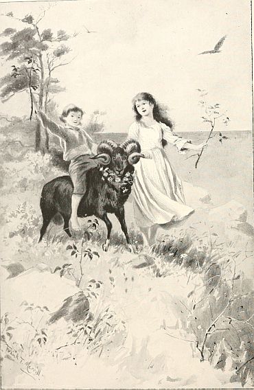 girl walking beside boy riding black goat through field