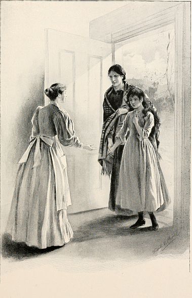 teacher answering the door to Mary and Isla Heron