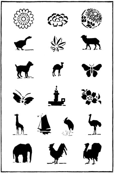 Nineteen different print blocks, including flowers, animals and birds