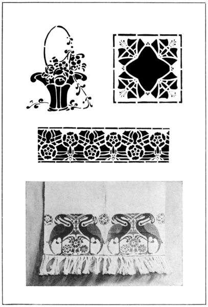 Three floral stencil designs, and one applied bird pattern