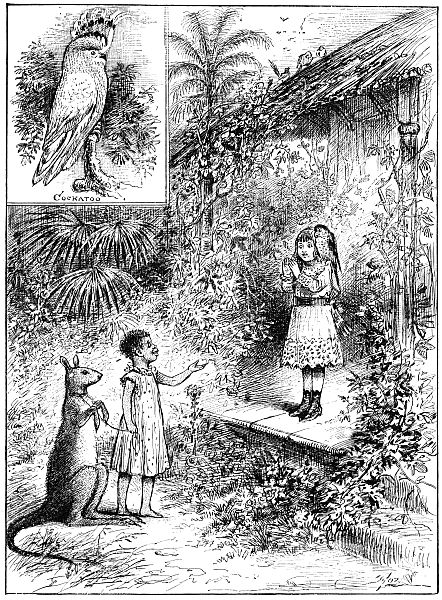 Inset: Cockatoo; larger pitcure girl with wallaby talking to girl on porch with cockatoo on her shoulder