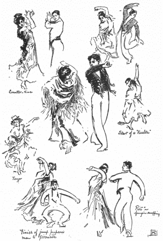 Image not available: “Flamenco” Poses.

The Farruca: devices to mark counter-time.

The Farruca: typical group.

The Tango: finish of a turn.
The Farruca: man’s preparation for a pirouette.
The Tango: start of a turn.
The Farruca: pito or finger-snapping.

(From work of Eduardo and Elisa Cansino.)