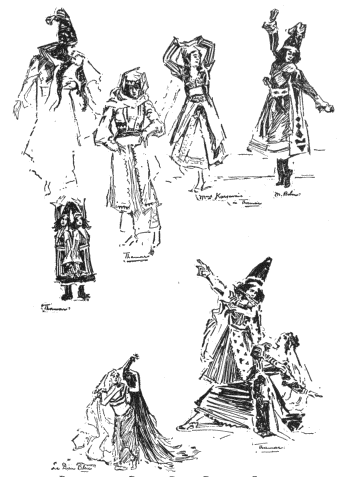 Image not available: Representative Russian Ballet Poses and Groups.

Two groups at top from Thamar, M. Bolm and Mme. Karsavina, Mlle.
Nijinska; MM. Govriloff and Kotchetovski; M. Seilig and Mlle.
Stachko, all in Thamar. Figure with peacock, Mme. Astafieva in
Le Dieu Bleu.

(Courtesy of Comoedia Illustré.)