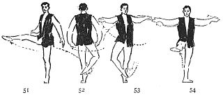 Image not available: 51 52 53 54

“Fouetté Pirouette,” Continued.

Right leg sweeps “out” in horizontal plane (51) continuing as in
52, turning the body with its revolution. As the body completes the
turn from 52 to 53, the right foot is brought to crossed position
in front of the ankle.
