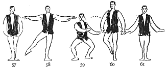 Image not available: 57 58 59 60 61

The “Pirouette Sur le Cou-de-pied.”

Figures 57, 58, 59, preparation; 60 represents the completion of
the turn, and the position the feet have occupied during the act of
turning; 61, finish.
