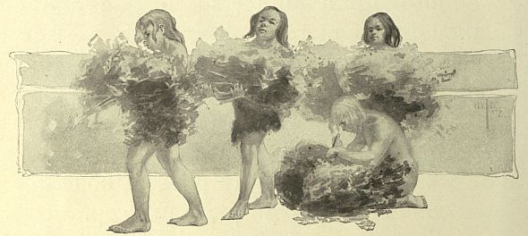 Children with arms of leaves by a fire