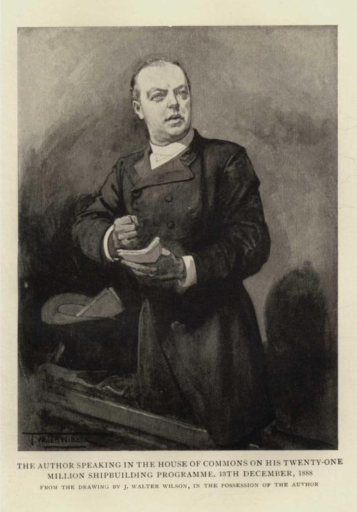 THE AUTHOR SPEAKING IN THE HOUSE OF COMMONS ON HIS TWENTY-ONE MILLION SHIPBUILDING PROGRAMME, 13TH DECEMBER 1888. FROM THE DRAWING, BY J. WALTER WILSON, IN THE POSSESSION OF THE AUTHOR