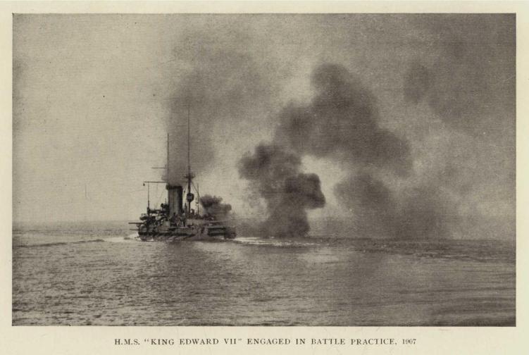 H.M.S. "KING EDWARD VII" ENGAGED IN BATTLE PRACTICE, 1907
