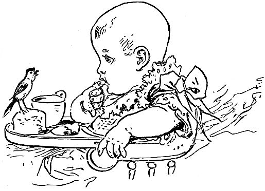 baby looking at bird perched at edge of high chair