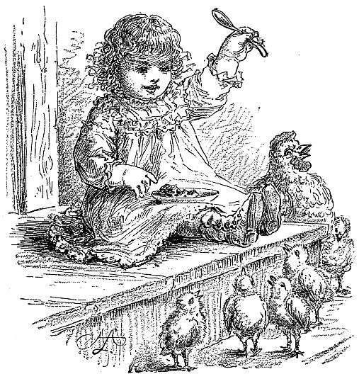 child holding up spoon sitting on porch looking at chicks