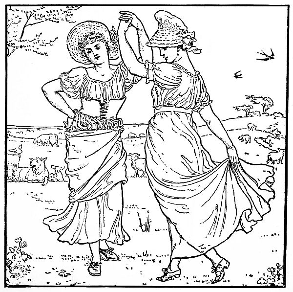 black and white drawing:  two maids dancing