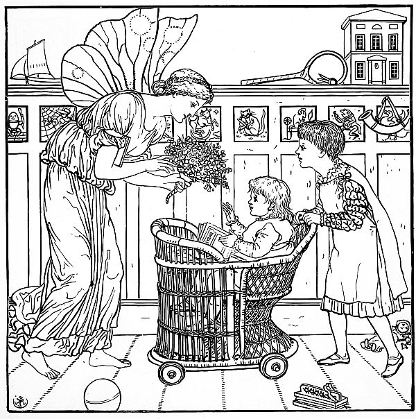 colour: fairy giving gift to baby in push chair being pushed by another child