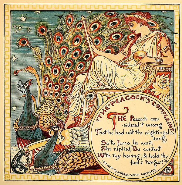 colour: Peacock's complaint: The Peacock considered it wrong That he had not the nightingale’s song; So to Juno he went, She replied, “Be content With thy having, & hold thy fool’s tongue!” DO NOT QUARREL WITH NATURE