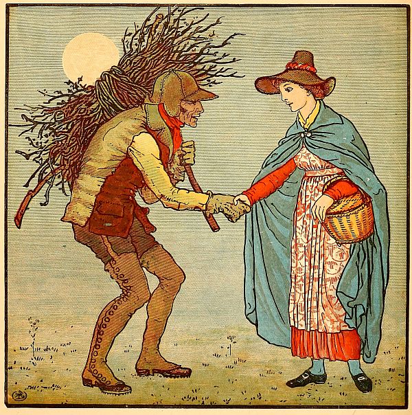 colour: man with bundles of sticks on back shaking hand of woman