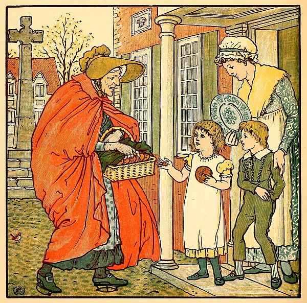 colour: mother in doorway with two children taking apples from older lady with basket
