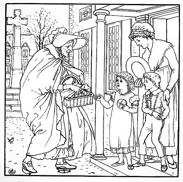 black and white: mother in doorway with two children taking apples from older lady with basket