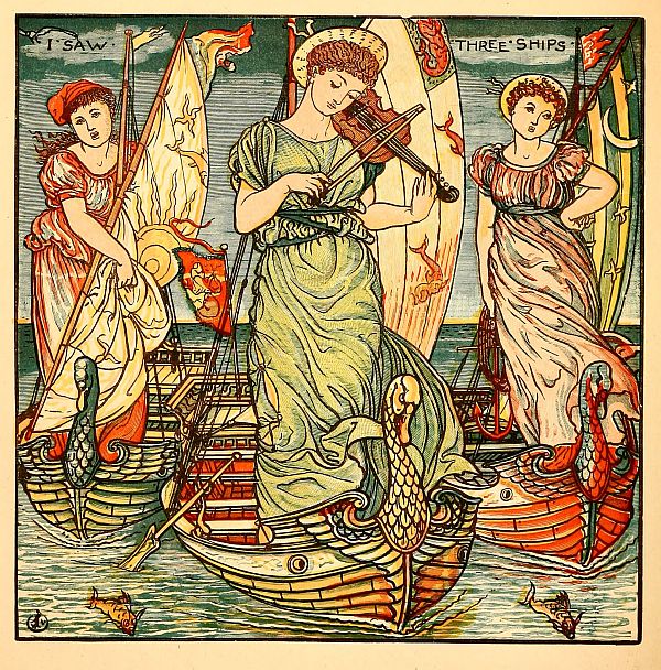 colour: I SAW THREE SHIPS thre women standing in three rowboats