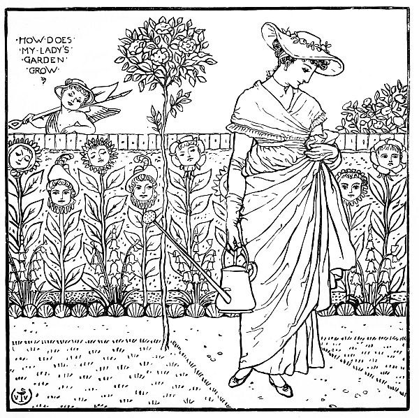 blackand white: How Does My Lady's Garden Grow? young man looking over garden fench at woman in garden
