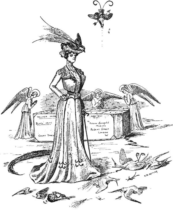 Woman wearing hat with dead bird and she has a demon's tail.