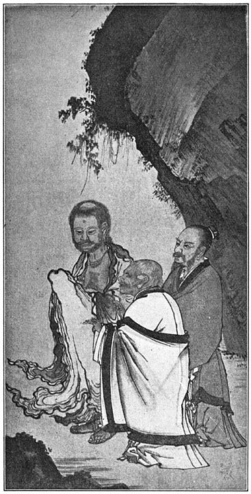 De drie Stichters der drie in China beleden Leeren, Lao Tsz’ (de kleinste figuur, vooraan), Confucius (in ’t midden) en de Boeddha Shakyamuni. Samen broederlijk één.