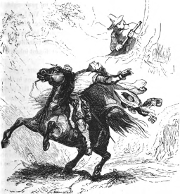 Man on horseback shot by another, in ambush