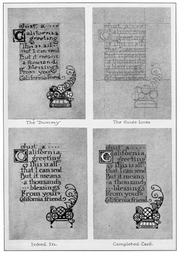 Plate 1

A Good Gift Card is always first sketched in lightly and planned from
the standpoint of good balance and design. In designing a card always
try several small arrangements or compositions before deciding on the
one to complete.