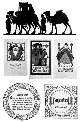 Plate 13

Another Page of good suggestions. The silhouette at the top suggests
possibilities in cut paper for the little folks. The use of cut out
motifs in colored paper is an easy way for the younger artists to make
their cards.