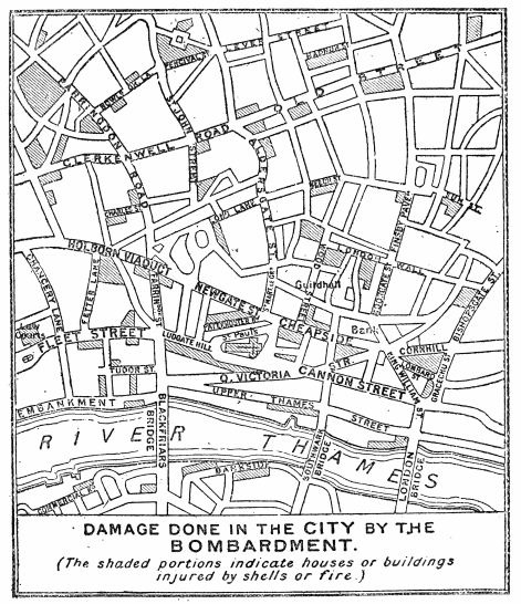 Image unavailable: DAMAGE DONE in the CITY by the BOMBARDMENT.

(The shaded portions indicate houses or buildings injured by shells or
fire.)