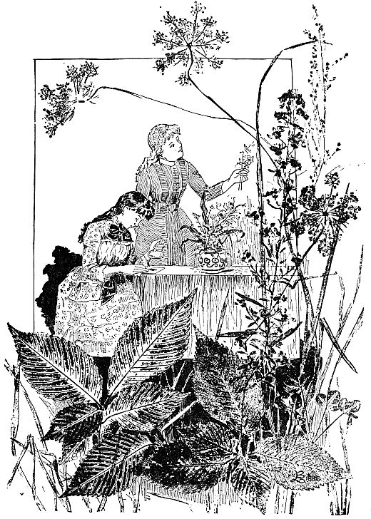 drawing of leaves and stalks of plants with girls in background