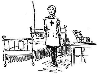 Guide in smock with cross standing by bed