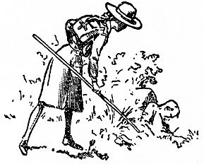 Scout in uniform wearing a backpack carrying a long stick and finding a man on the ground