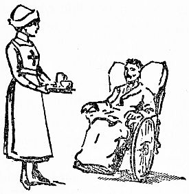 Guide in nurses' uniform bringing drink to man in wheelchair