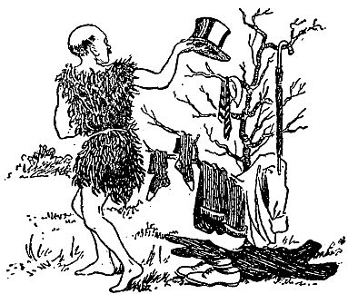 man in skins, barefoot, putting top hat on tree