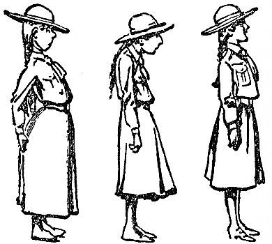 One girl with tummy pushed out; one girl slouchign forward and one girl with proper posture