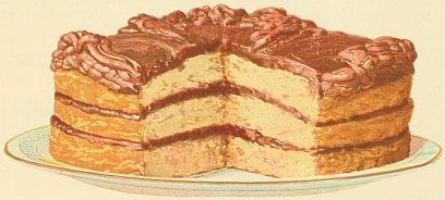 yellow cake with chocolate icing on top and between three layers