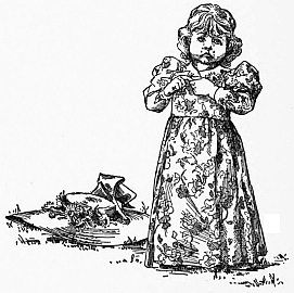 Little girl with large hat on ground next to her