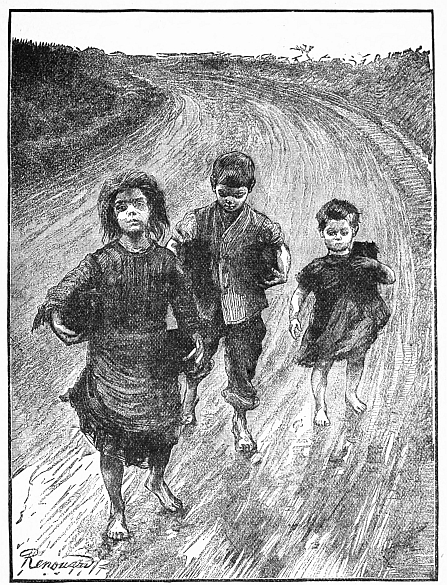 three children walking bareful in road dressed in rags