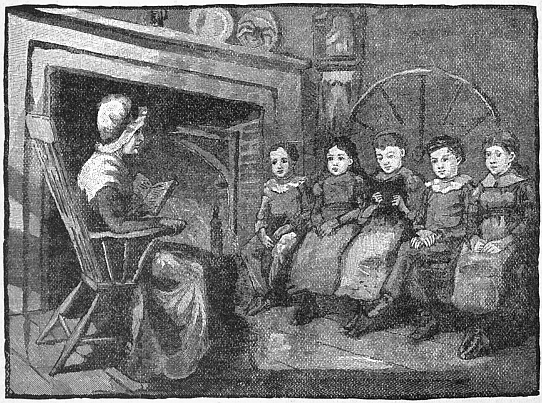 five children sitting by a large fire in a house a woman on a chair facing htem