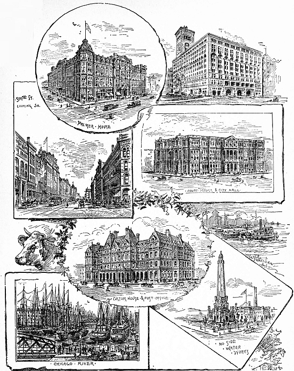 PALMER HOUSE; STATE ST. LOOKING So.; COURT-HOUSE & CITY HAL; CUSTOM HOUSE & POST-OFFICE; CHICAGO RIVER; NO. SIDE WATER WORKS