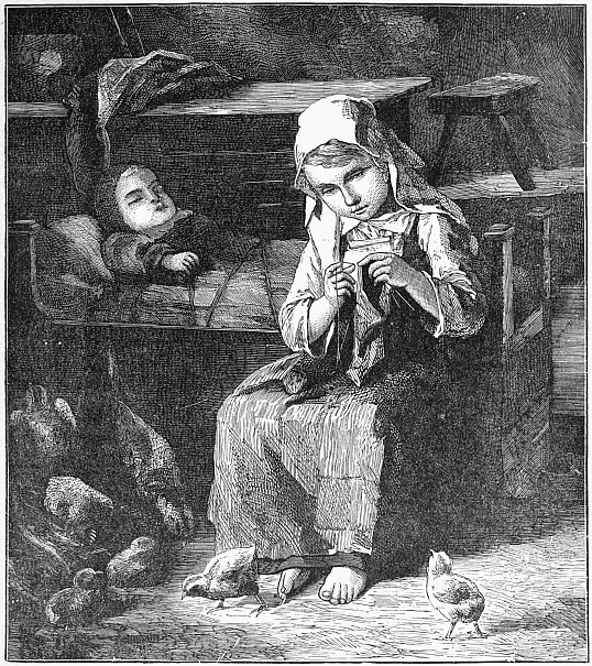 barefoot girl sewing, chicks at feet, child in bed behind her